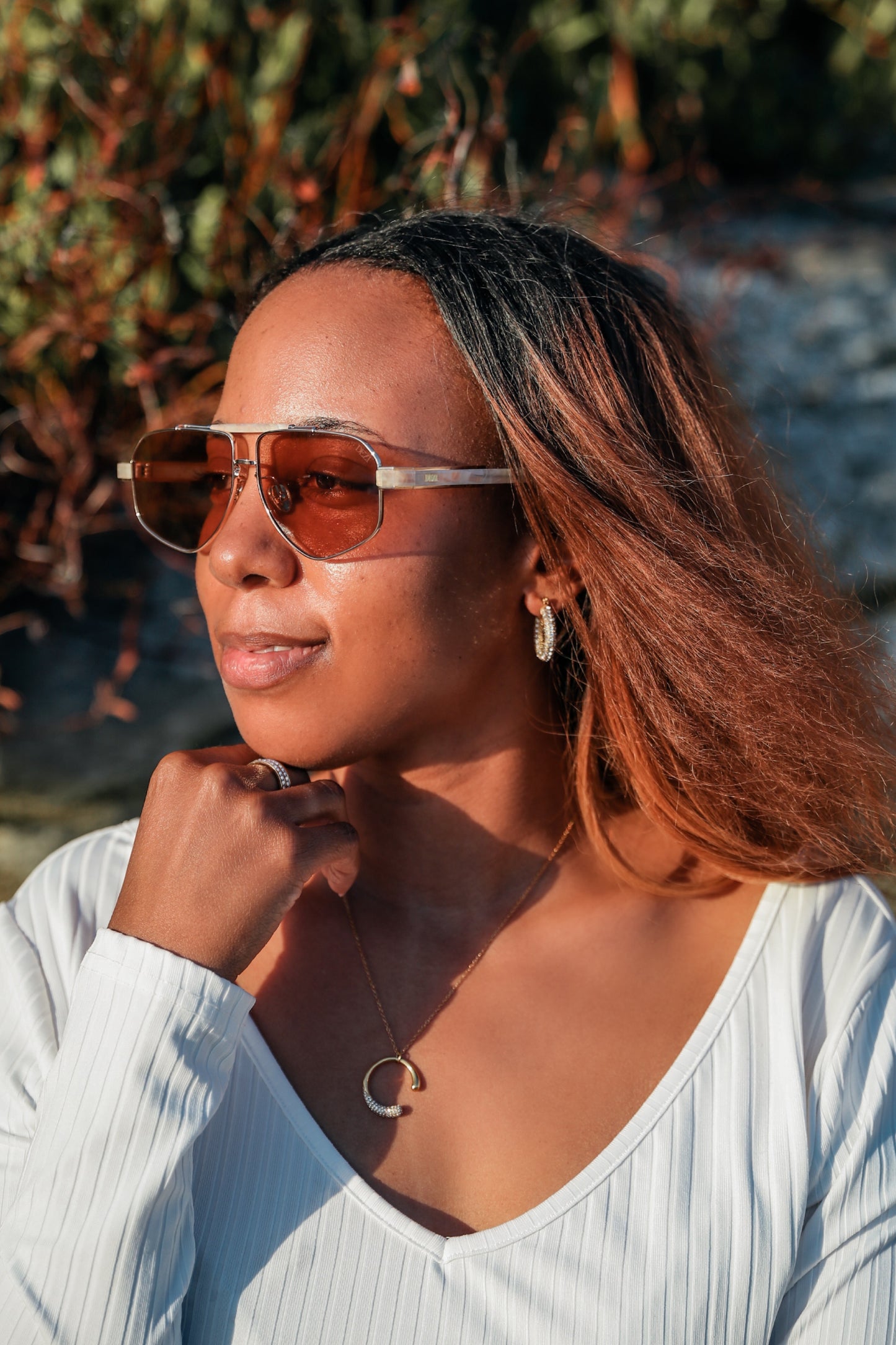 Model wearing time to shine necklace , girl boss hoops and Dezi 6ft  Sunglasses 