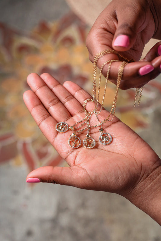 Zodiac Necklace being held by model displaying different Zodiac signs 